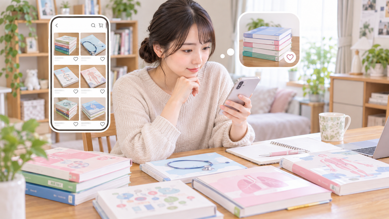 ユーキャン医療事務のテキストを読んだあとスマートフォンでWeb問題を解くイメージ