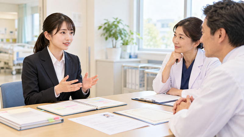 医療事務未経験の応募者が病院の面接で資格取得までに学んだ内容を説明している様子