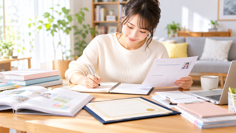 医療事務の資格取得後に教材や履歴書を確認し、就職活動や次の学習を計画している女性