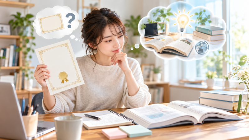 医療事務の資格証を手にしながら、教材で学ぶ知識の価値について考えている女性
