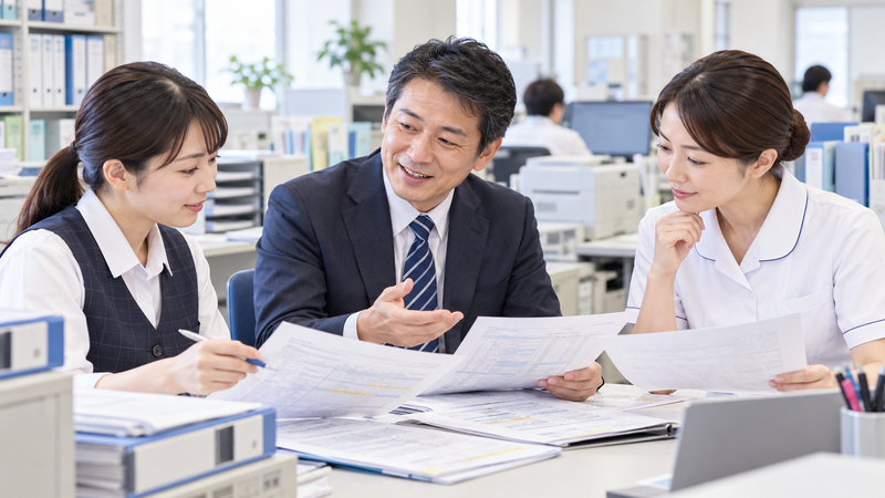 医療事務講座で学んだ知識を活かし、病院の事務室で医事課職員や看護師と資料を確認する様子