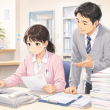 医療事務の忙しい時期をイメージした、書類を確認しながら業務に取り組む医療事務スタッフと総務課長の様子