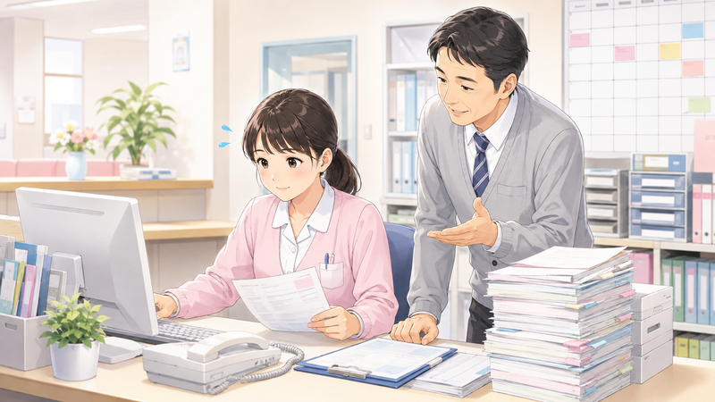 医療事務の忙しい時期をイメージした、書類を確認しながら業務に取り組む医療事務スタッフと総務課長の様子