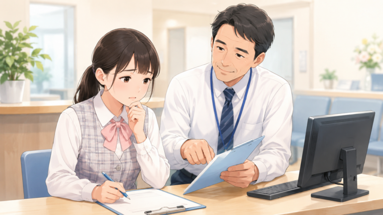 医療事務で使えない新人と思い悩む女性に、上司が改善策をやさしく指導している様子