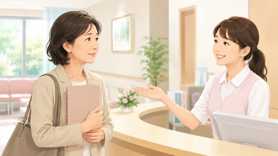40代・50代の女性が医療機関の受付で医療事務スタッフと笑顔で相談している様子