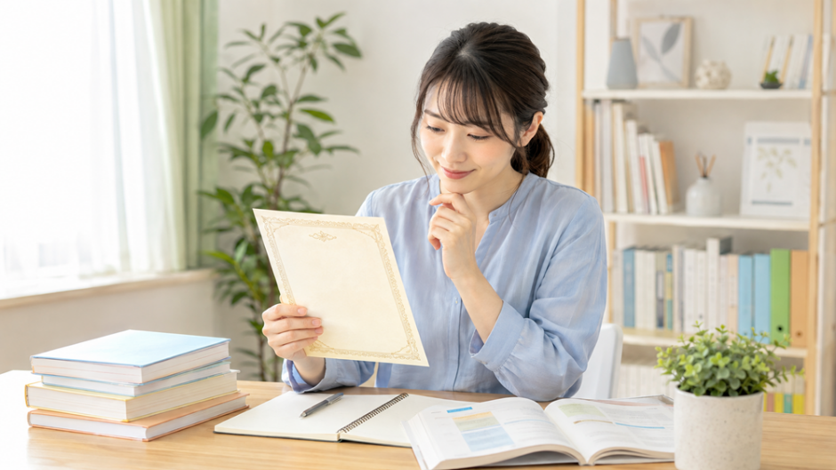 ユーキャン医療事務で取得を目指す資格について教材と証書から資格名を確認する様子