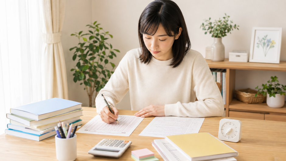 ユーキャン医療事務講座の在宅試験を自宅の机で受験する様子