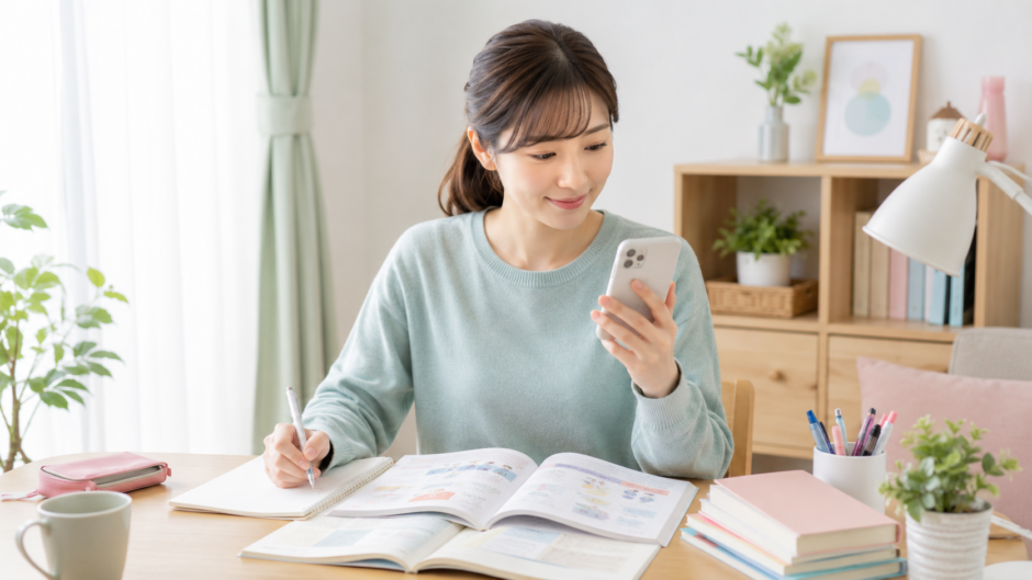 ユーキャン医療事務講座を紙のテキストとスマホで学習する様子