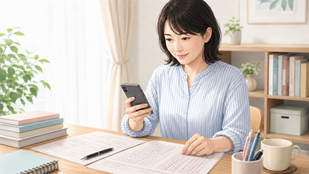 ユーキャン医療事務講座の添削課題とマークシートに取り組む様子