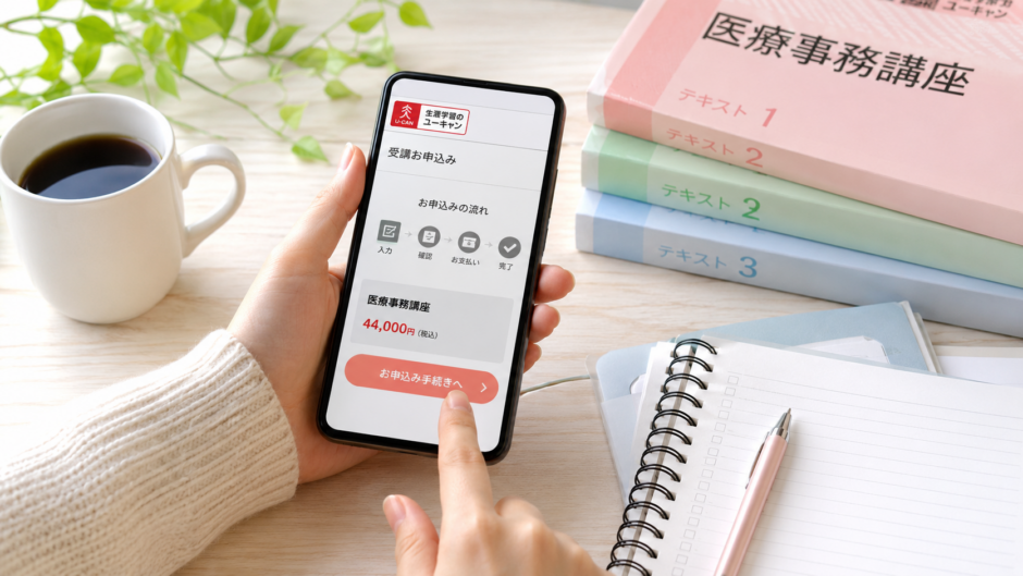 スマートフォンから医療事務講座の申し込み手続きをしている様子